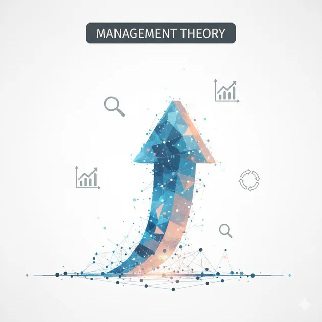 経営の成長戦略を象徴する、多角形で構成された青とオレンジの上昇矢印。周囲に分析、成長、改善サイクルのアイコン。