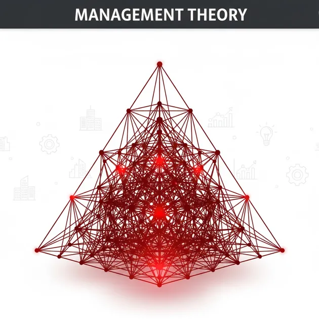 経営理論の複雑性と意思決定プロセスを示す、クリムゾンレッドのネットワーク化されたピラミッド構造。