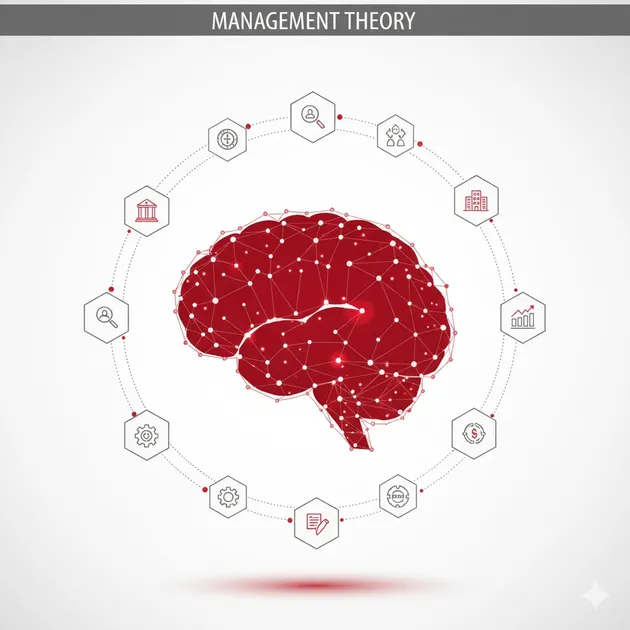 経営の戦略的思考を示すクリムゾンレッドの脳のネットワーク図。周囲に組織、成長、財務、研究などのビジネスアイコンが円状に配置。